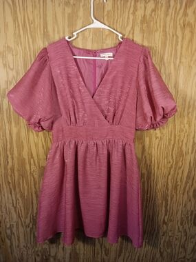 Flying Tomato Textured V-Neck Puff Sleeve Dress